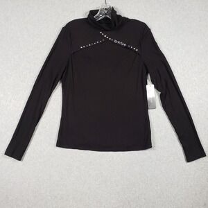 Bebe Women L Black Studded Rhinestone Logo Mock Turtleneck Long Sleeve Crop Top‎